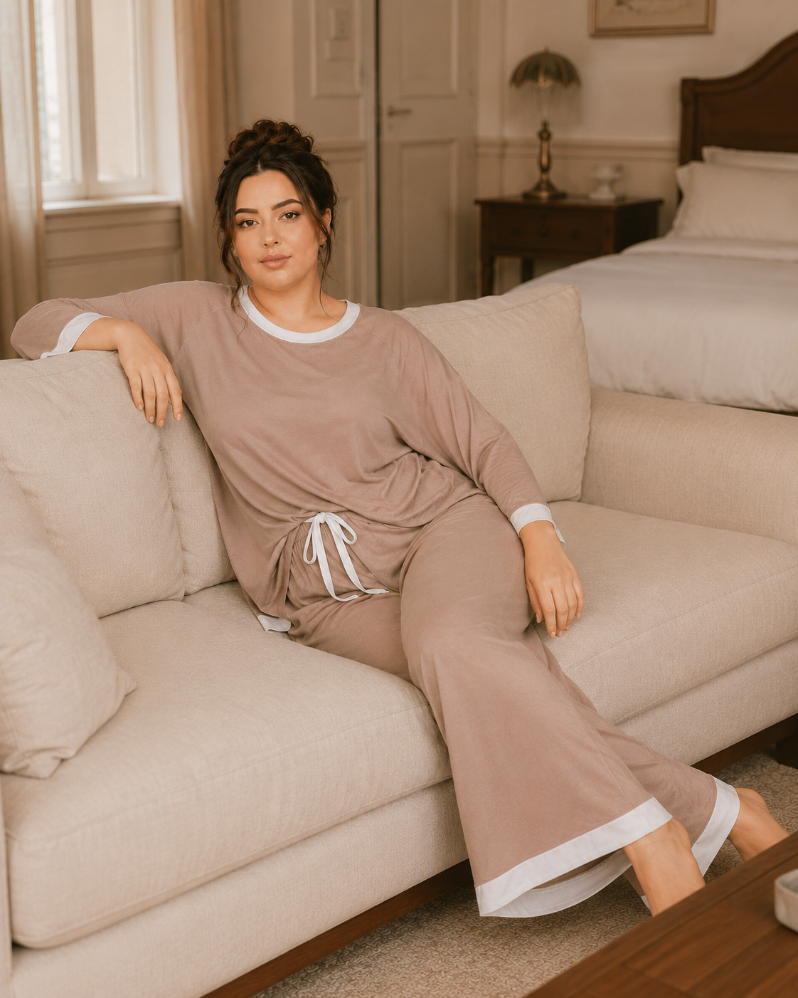 Skin with White Round Neck Plazzo PJ Set