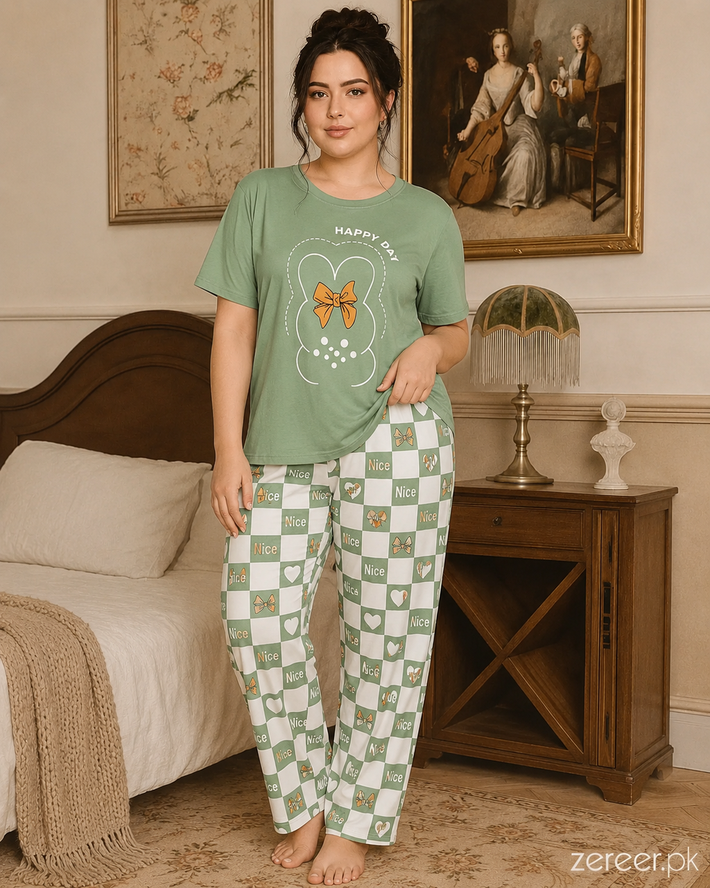Olive Green Printed Night Suit