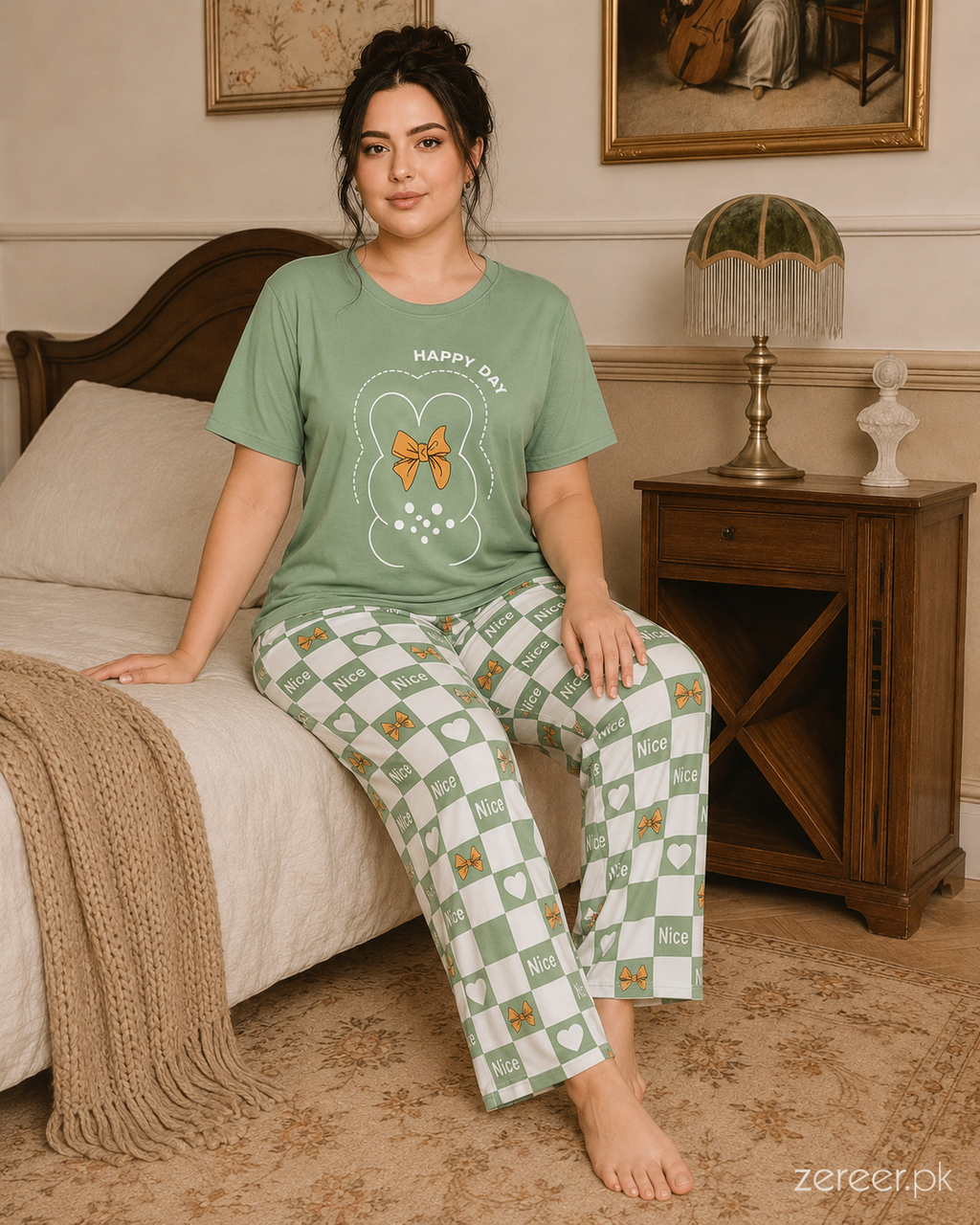 Olive Green Printed Night Suit