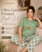 Olive Green Printed Night Suit
