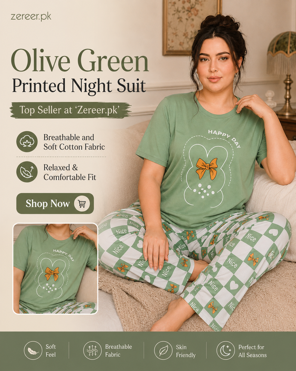 Olive Green Printed Night Suit