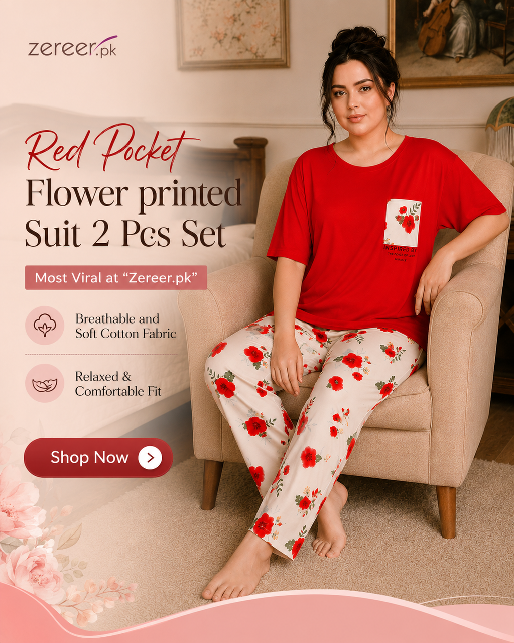Red Pocket Flower printed Night Suit