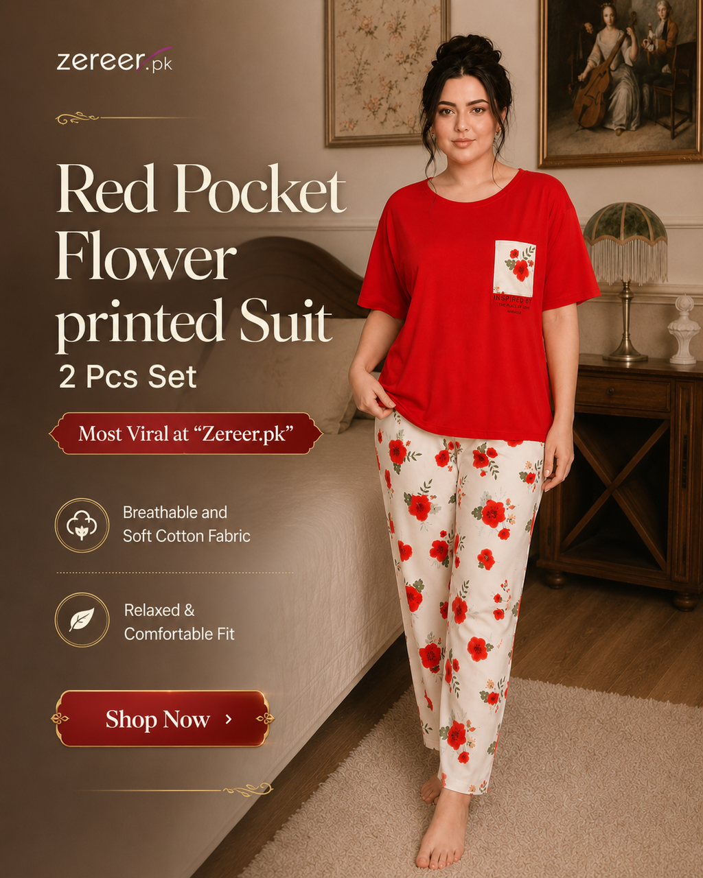Red Pocket Flower printed Night Suit