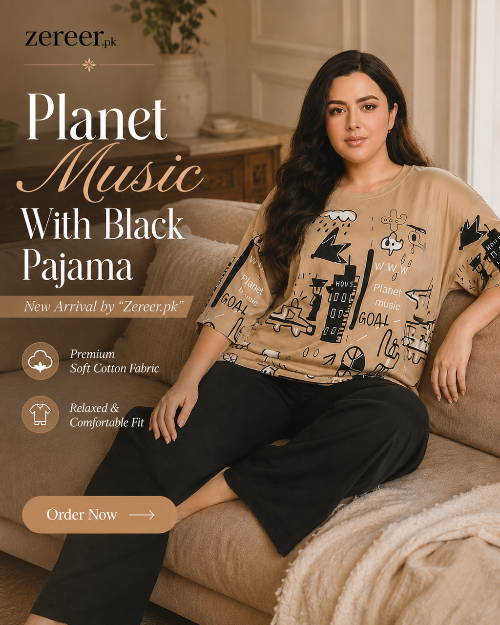 Planet Music With Black Pajama Printed Night Suit