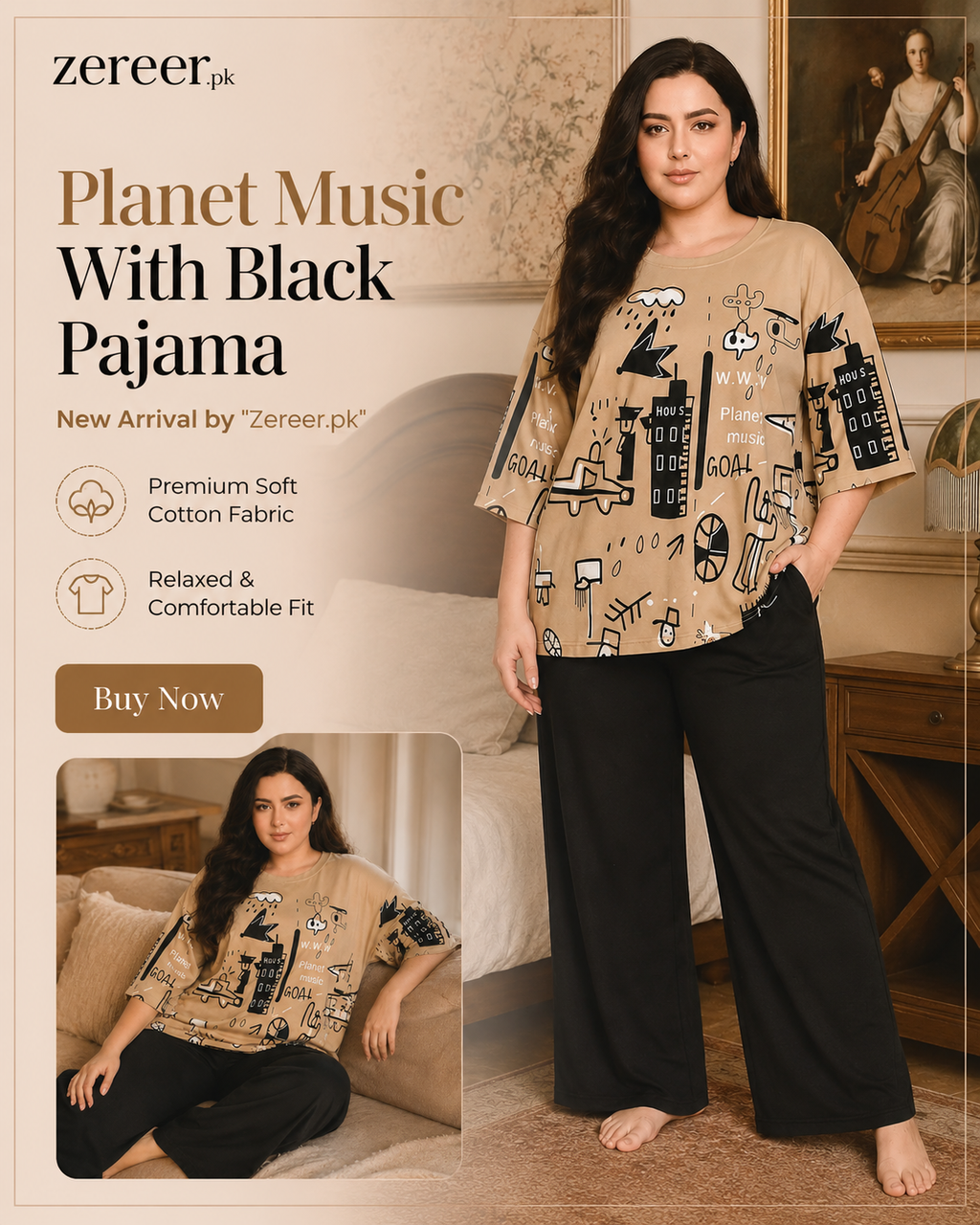 Planet Music With Black Pajama Printed Night Suit