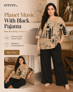 Planet Music With Black Pajama Printed Night Suit