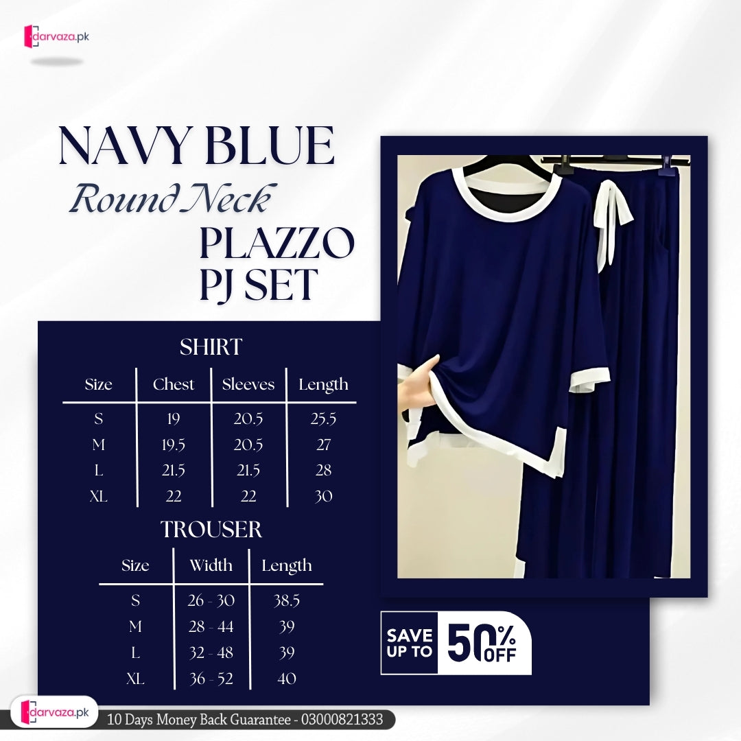 Navy Blue White Round Neck Plazzo PJ Set