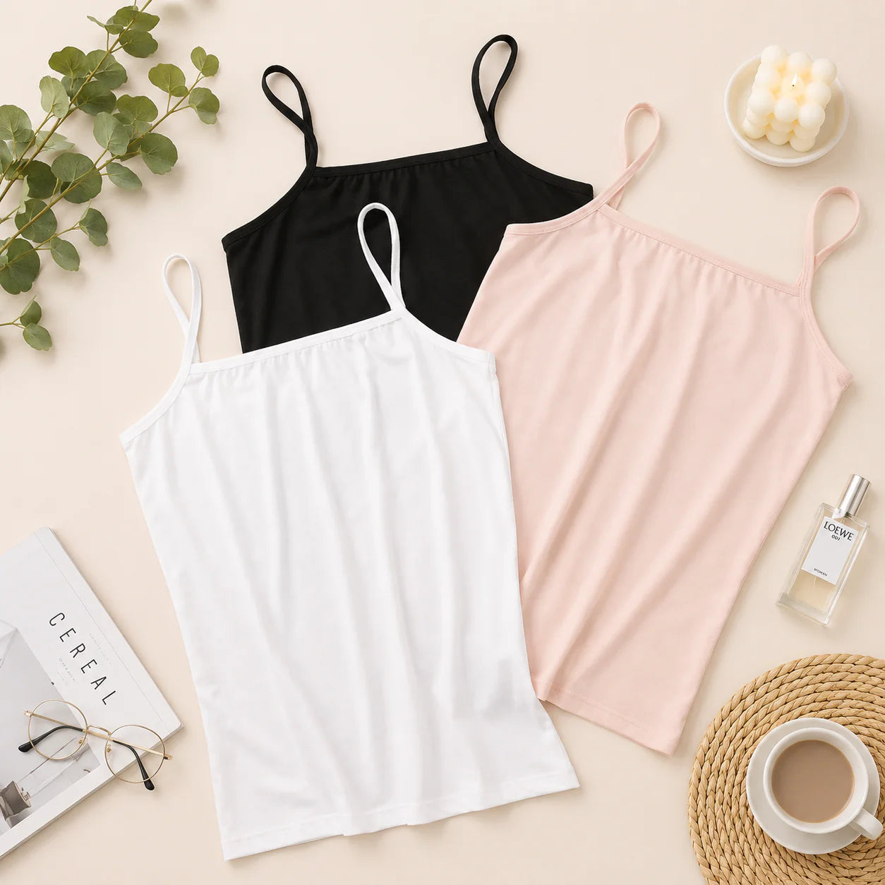 Pack of 3 Camisole Tops with Narrow Shoulder straps in Soft Cotton