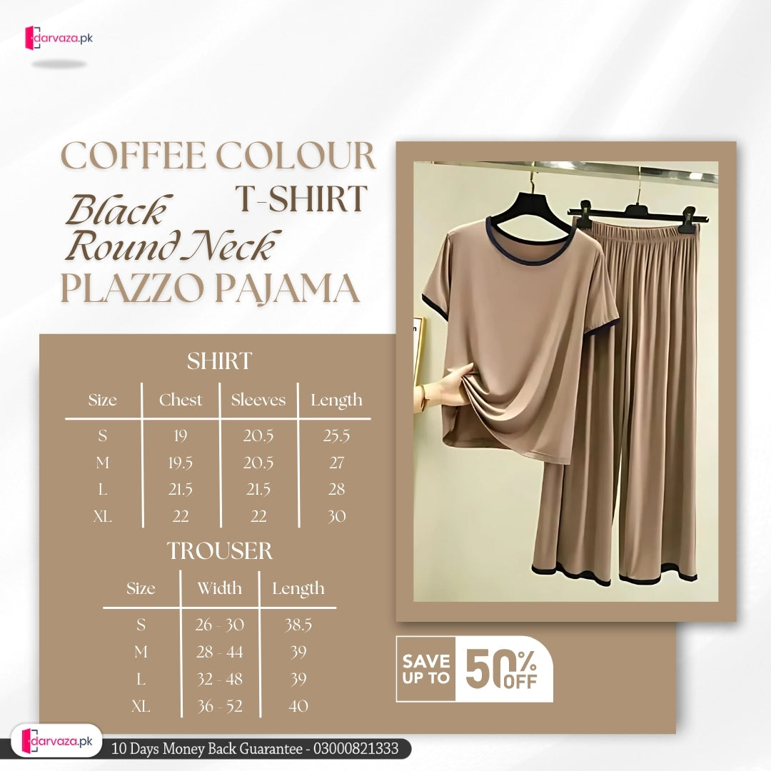 Plain Coffee Colour T-Shirt with Black Round Neck and Plazzo Pajama