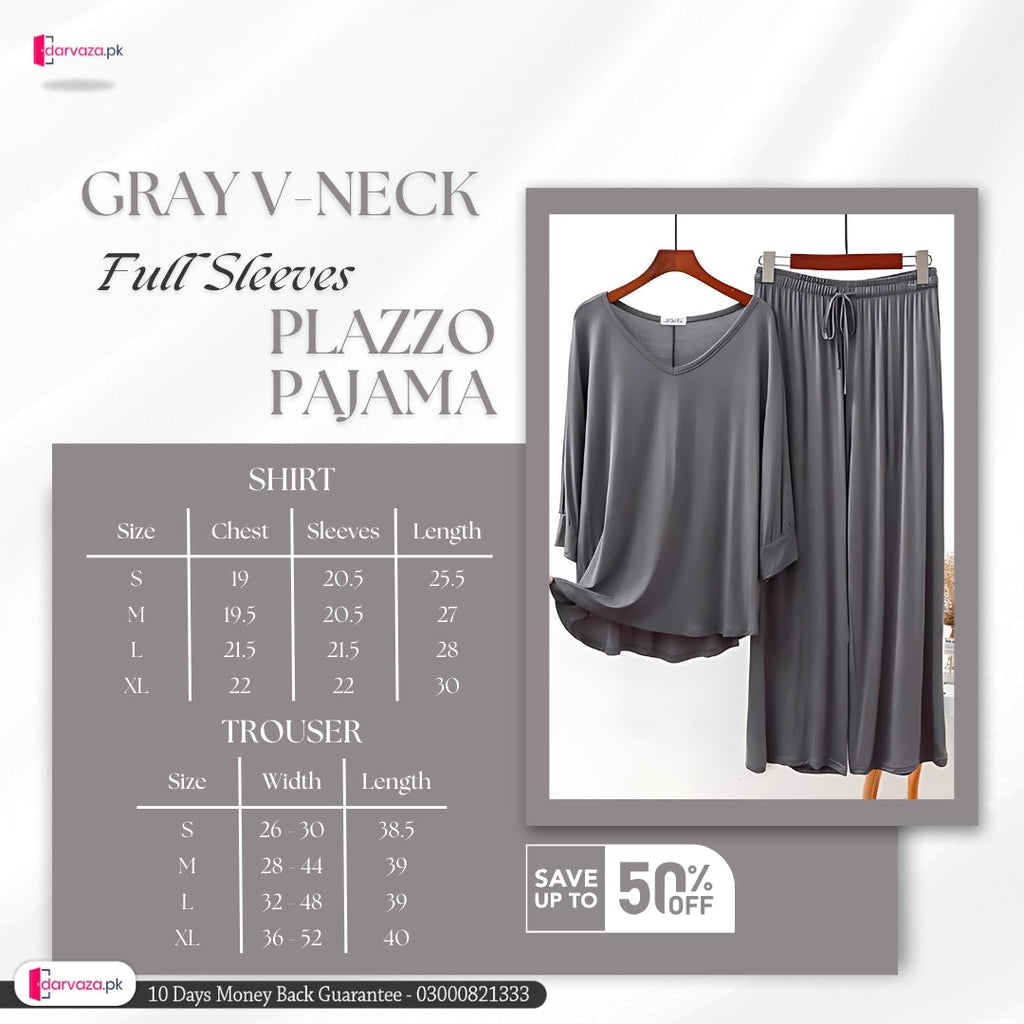Plain Gray V-Neck with Plazzo Pajama Full Sleeves Suit