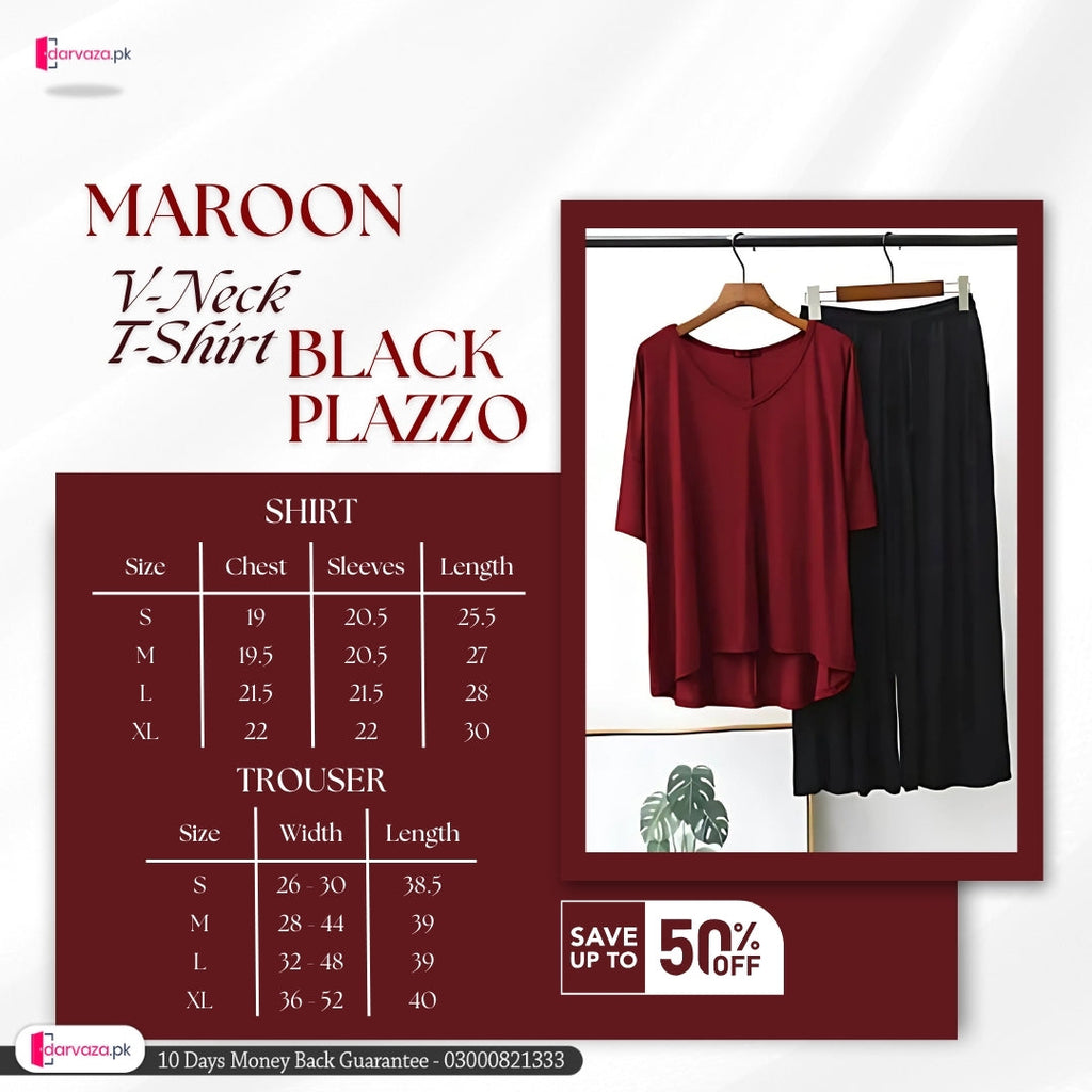 Plain Maroon V-Neck T-Shirt with Black Plazzo