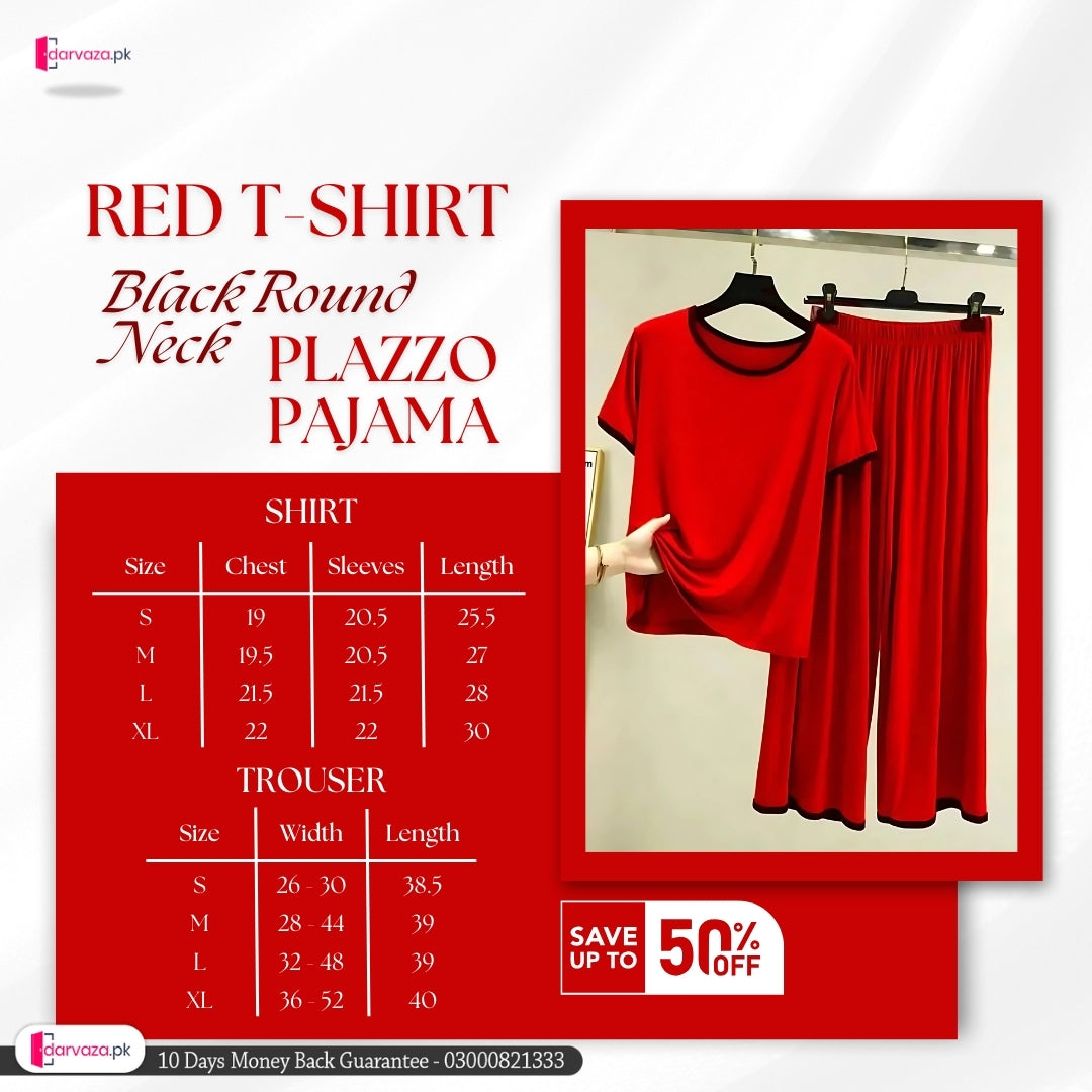 Plain Red T-Shirt with Black Round Neck and Plazzo Pajama