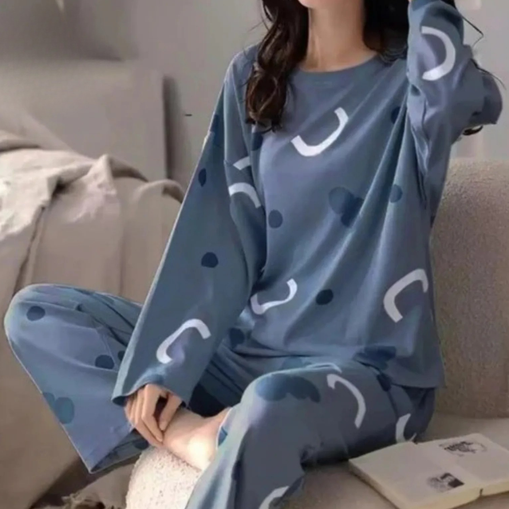Blue Pattern Printed Woman Night Suit