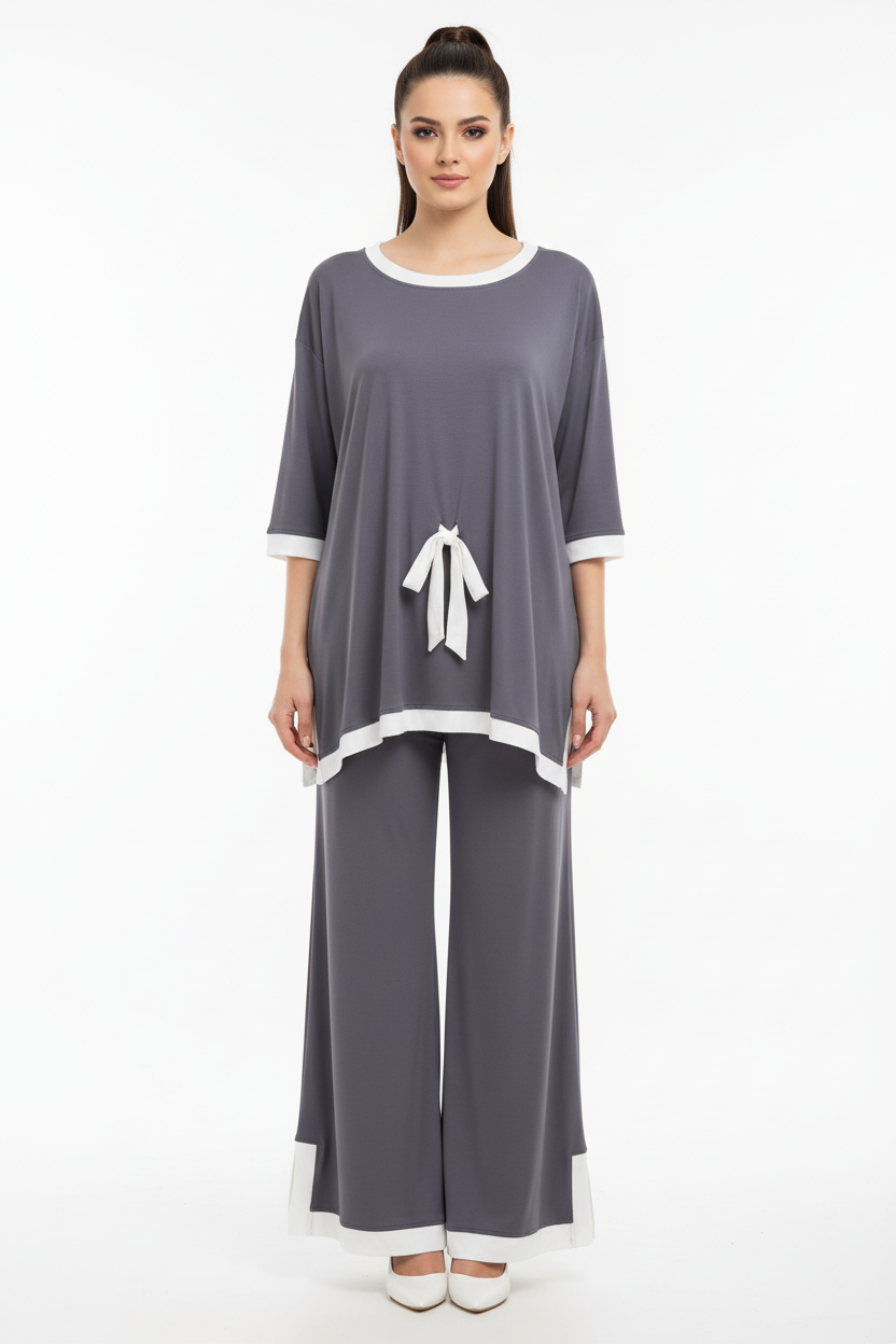 Grey White Round Neck Plazzo PJ Set