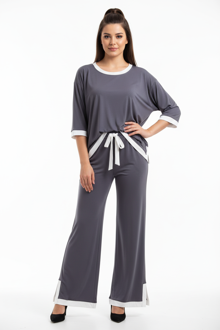 Grey White Round Neck Plazzo PJ Set
