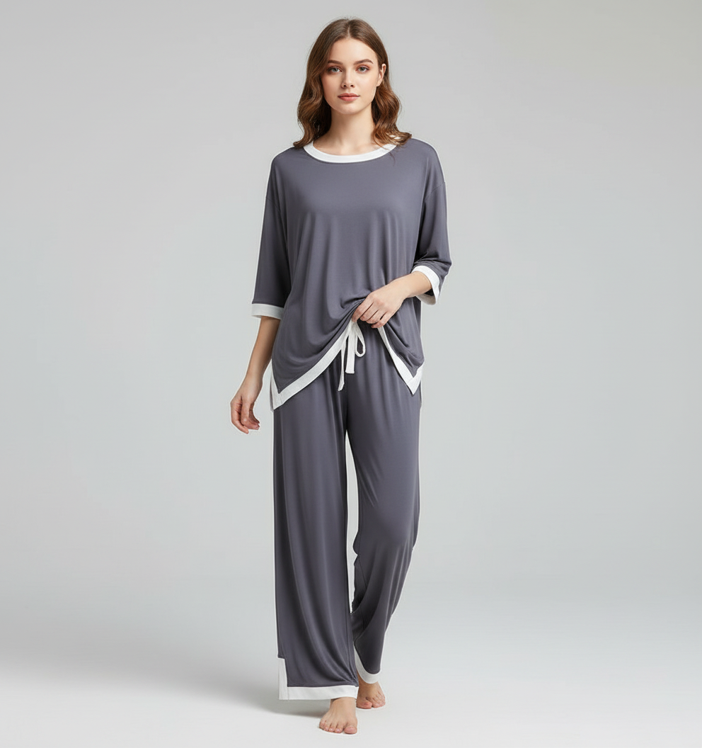 Grey White Round Neck Plazzo PJ Set