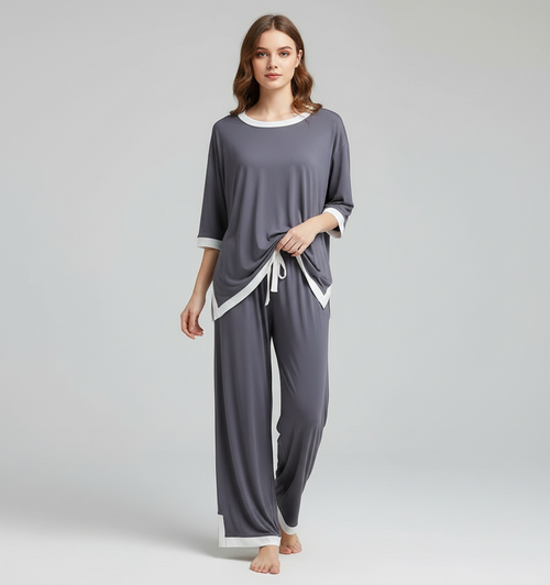 Grey White Round Neck Plazzo PJ Set