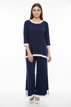 Navy Blue White Round Neck Plazzo PJ Set