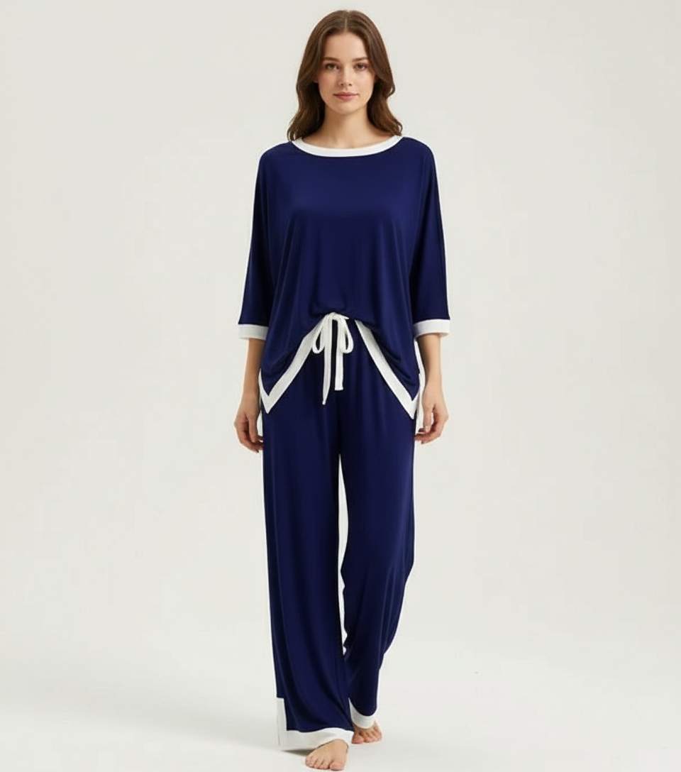 Navy Blue White Round Neck Plazzo PJ Set