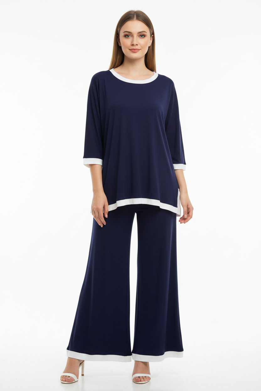 Navy Blue White Round Neck Plazzo PJ Set