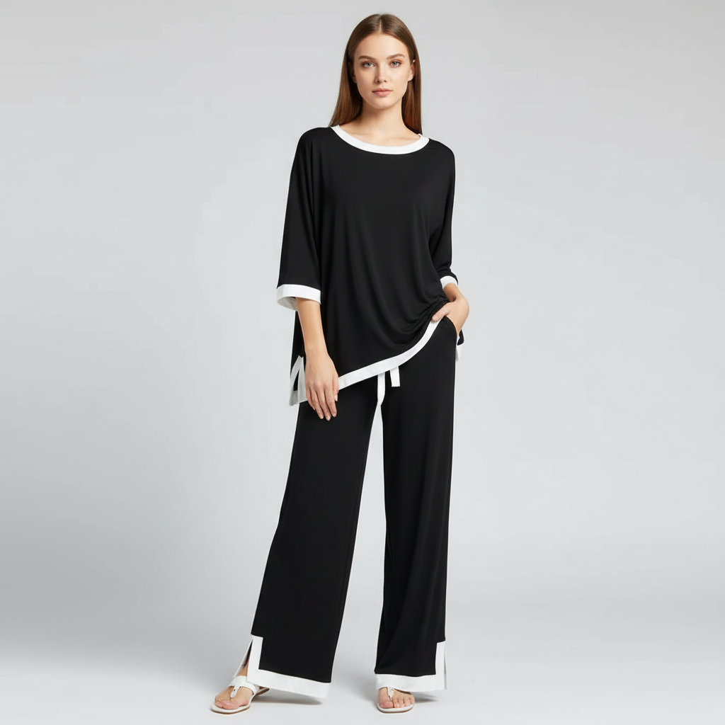 Black White Round Neck Plazzo PJ Set