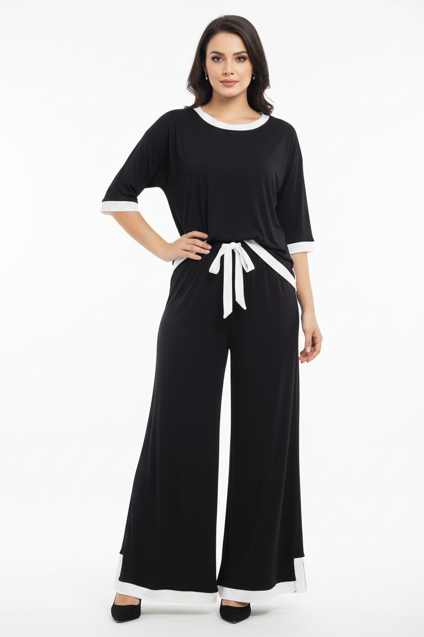 Black White Round Neck Plazzo PJ Set