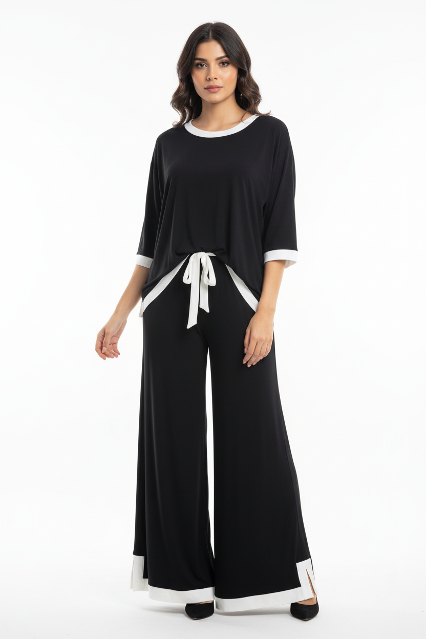 Black White Round Neck Plazzo PJ Set