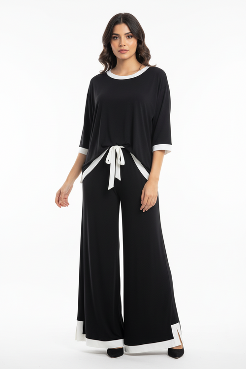 Black White Round Neck Plazzo PJ Set