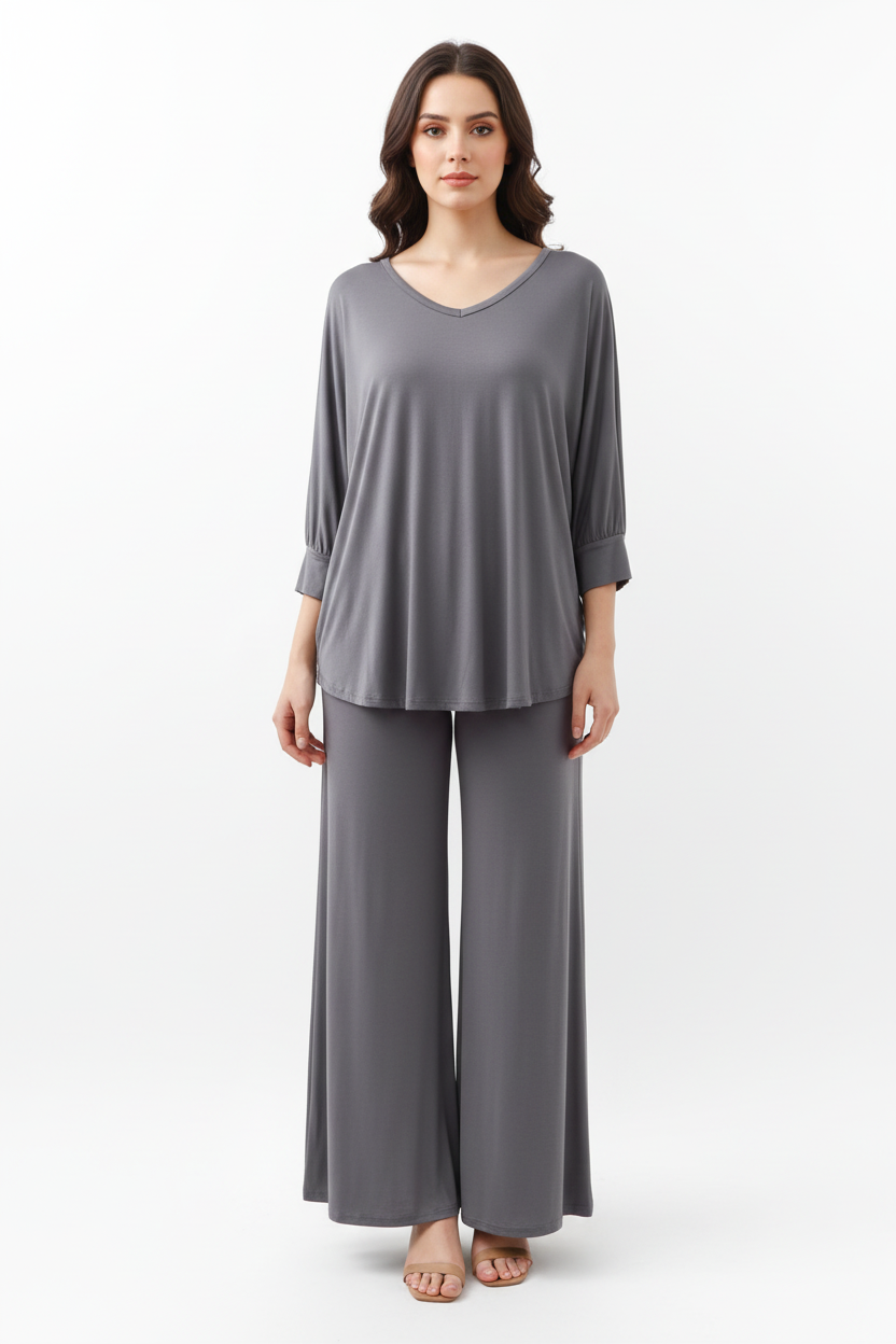 Plain Gray V Neck with Plazzo Pajama Full Sleeves Suit