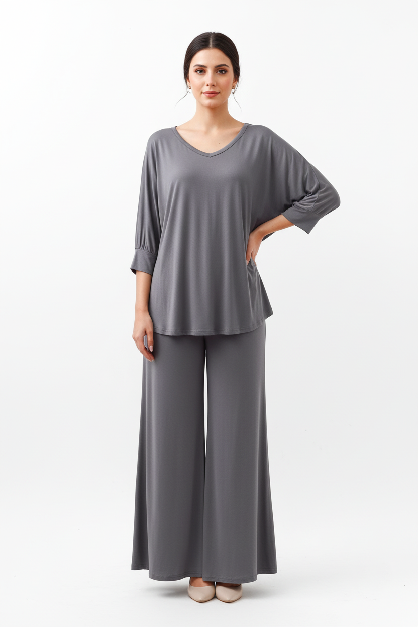 Plain Gray V Neck with Plazzo Pajama Full Sleeves Suit