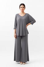 Plain Gray V Neck with Plazzo Pajama Full Sleeves Suit