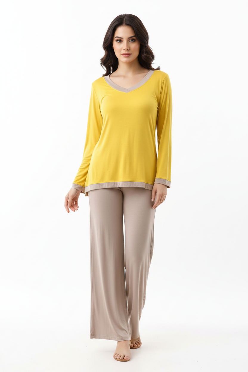 Yellow V-Neck T Shirt with Contrast Trouser PJ Set