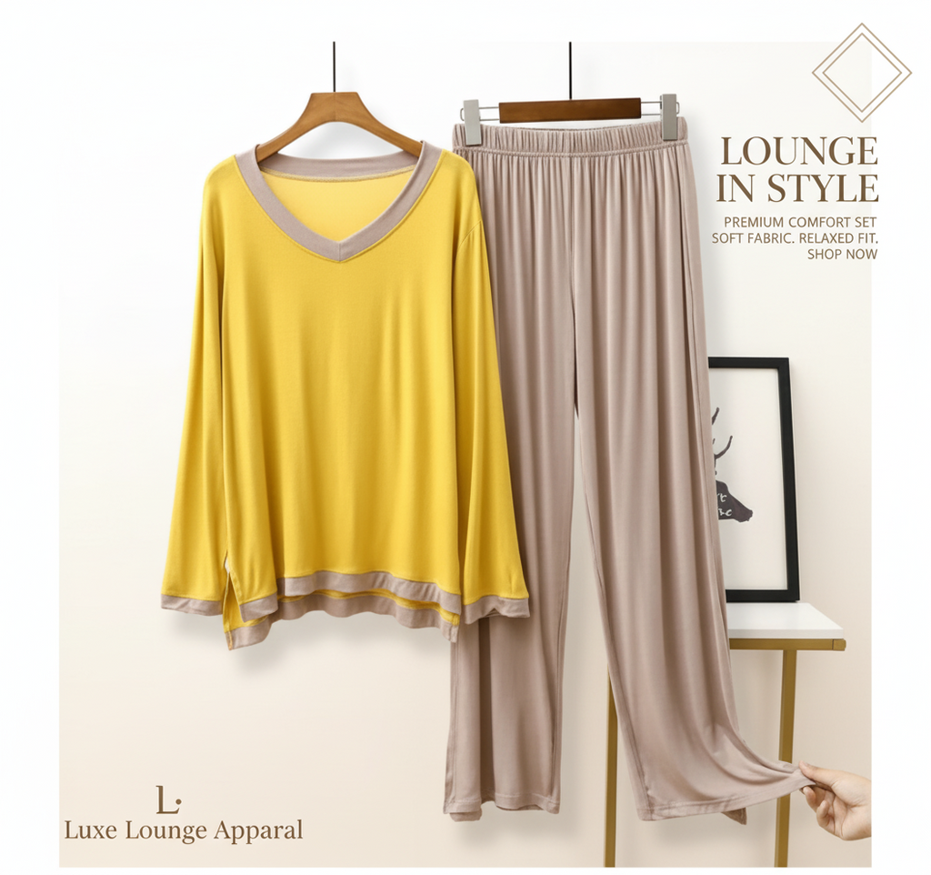 Yellow V-Neck T-Shirt with Contrast Trouser PJ Set