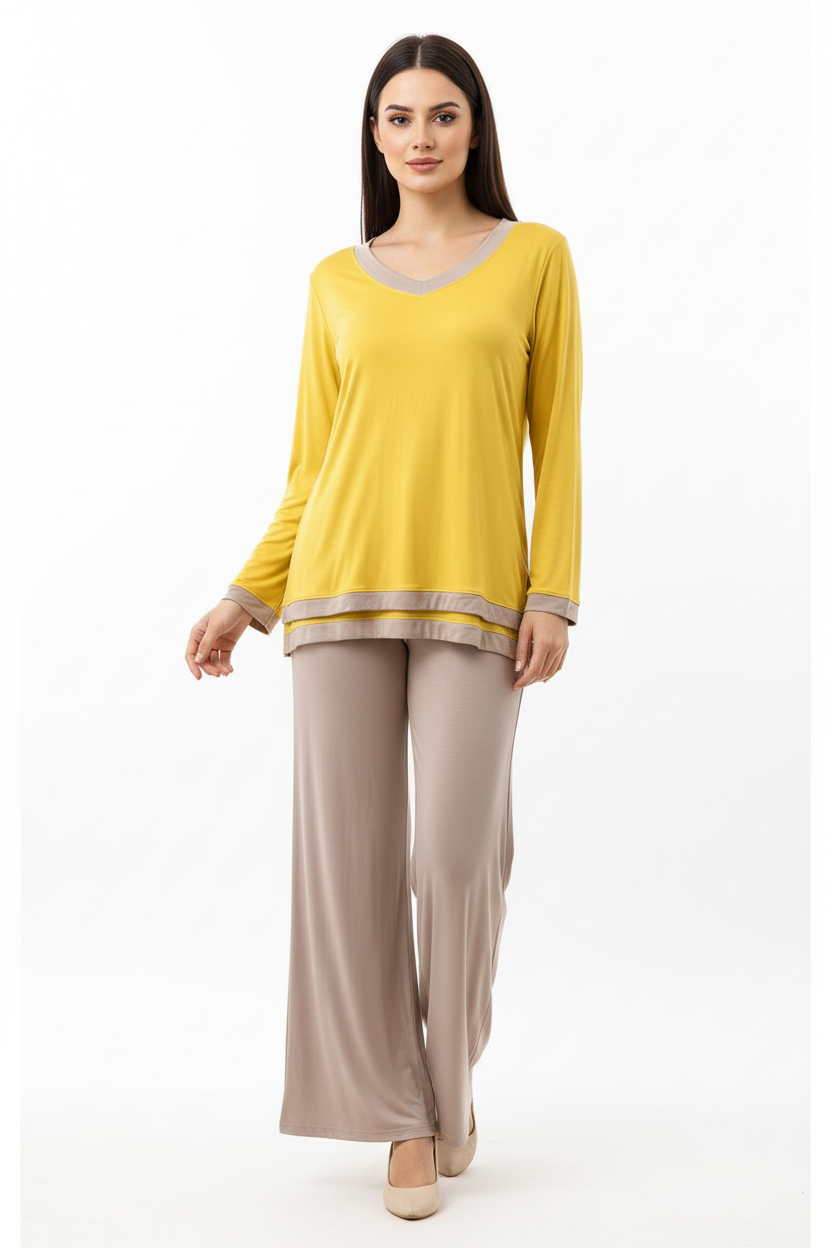 Yellow V-Neck T Shirt with Contrast Trouser PJ Set