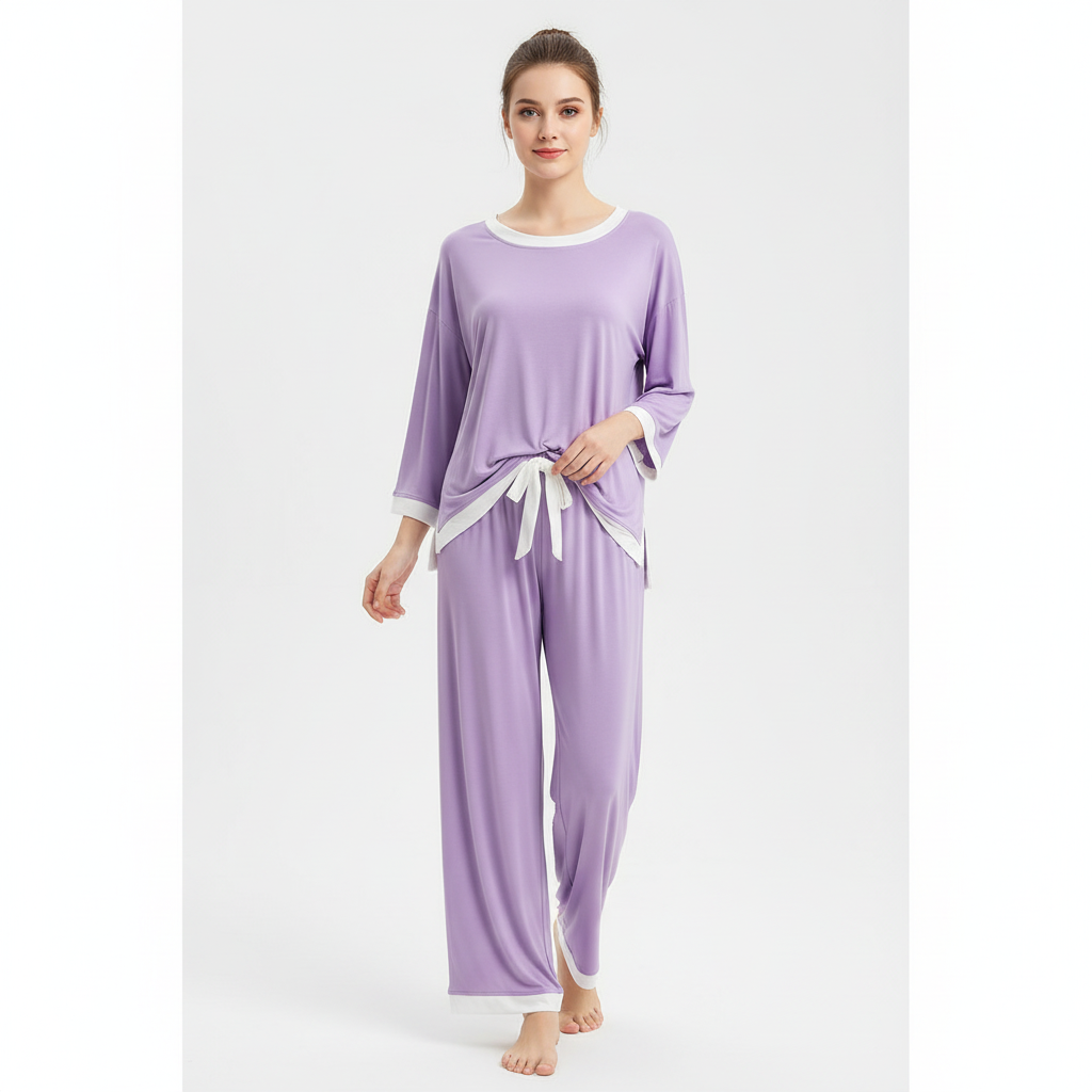 Purple White Round Neck Plazzo PJ Set