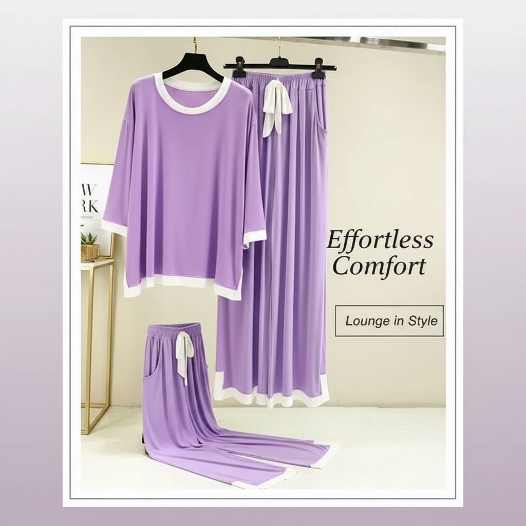 Purple White Round Neck Plazzo PJ Set