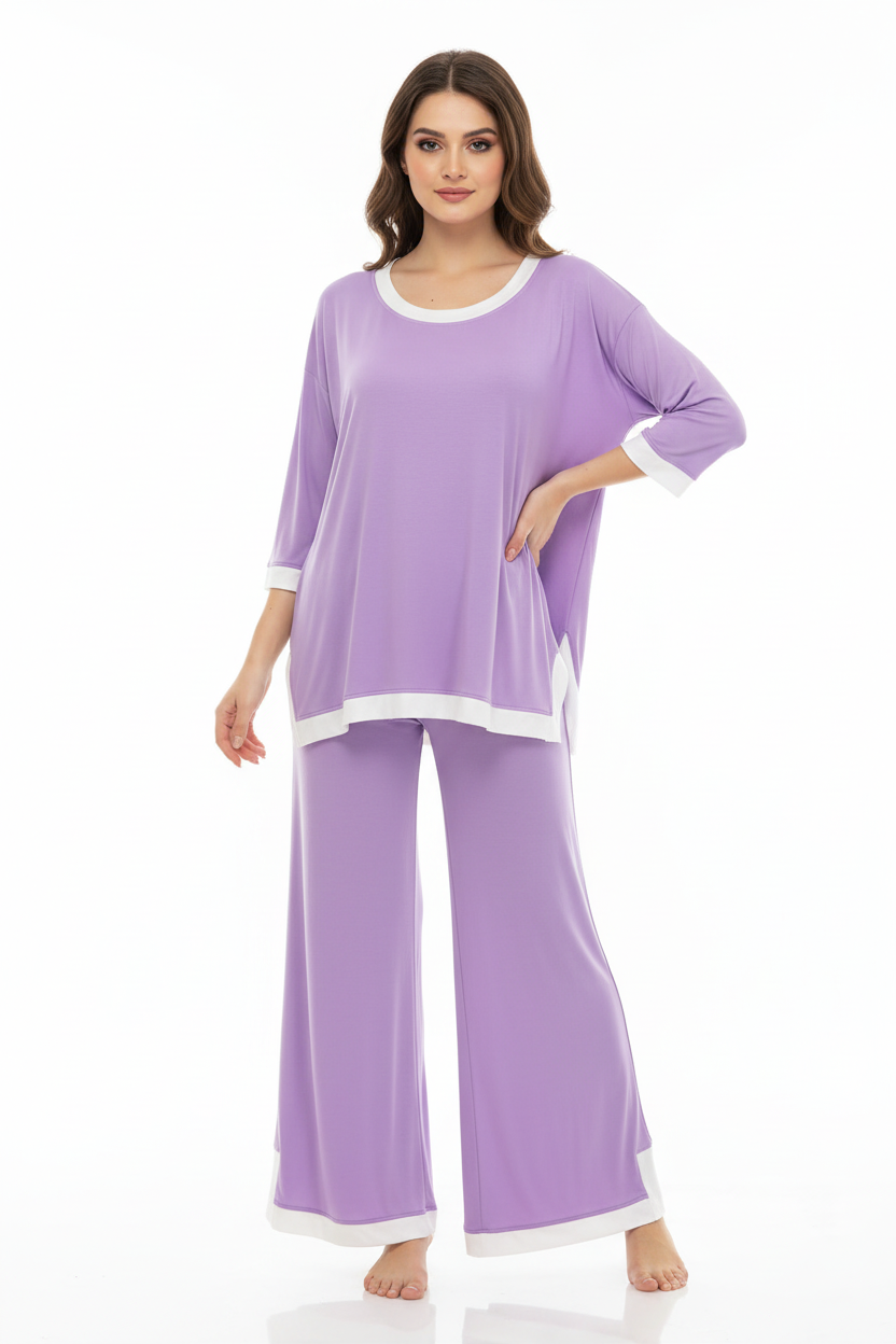 Purple White Round Neck Plazzo PJ Set