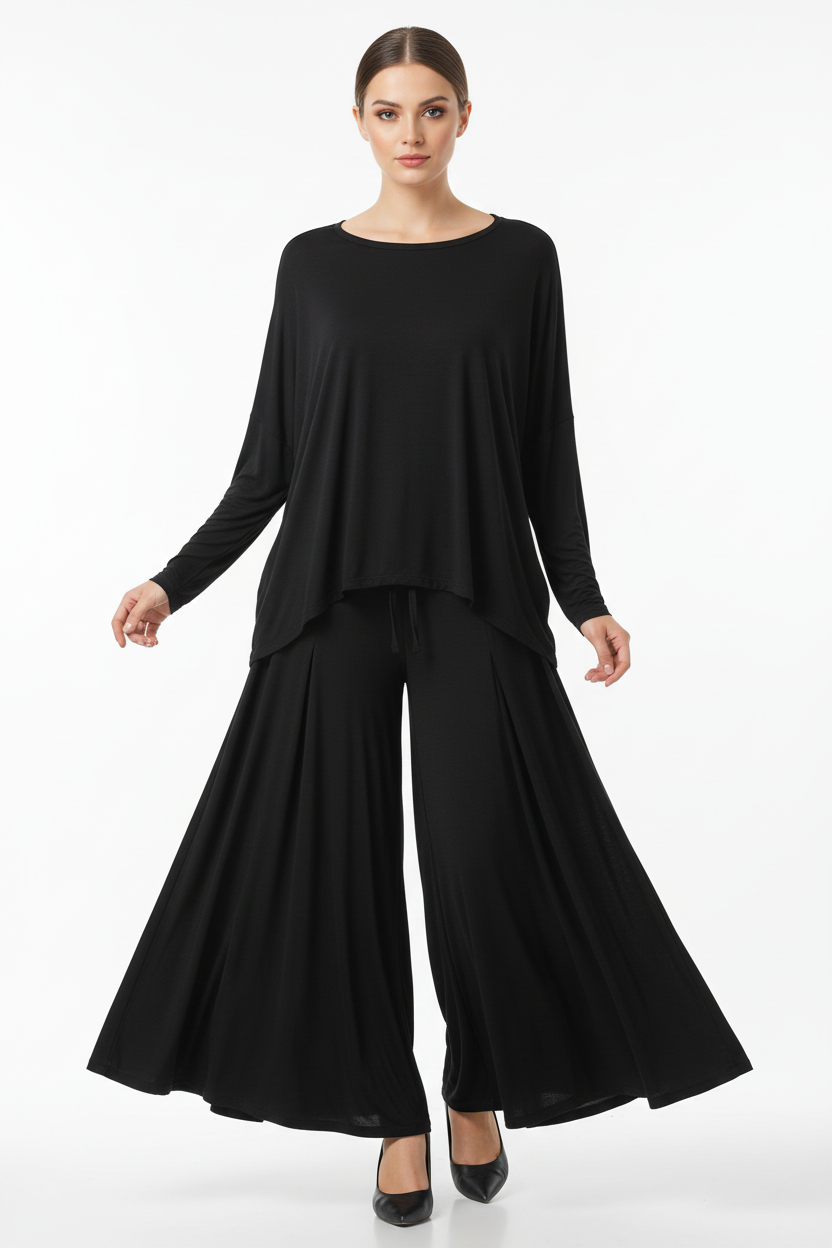 Deep Black Round Neck Plazzo PJ Set