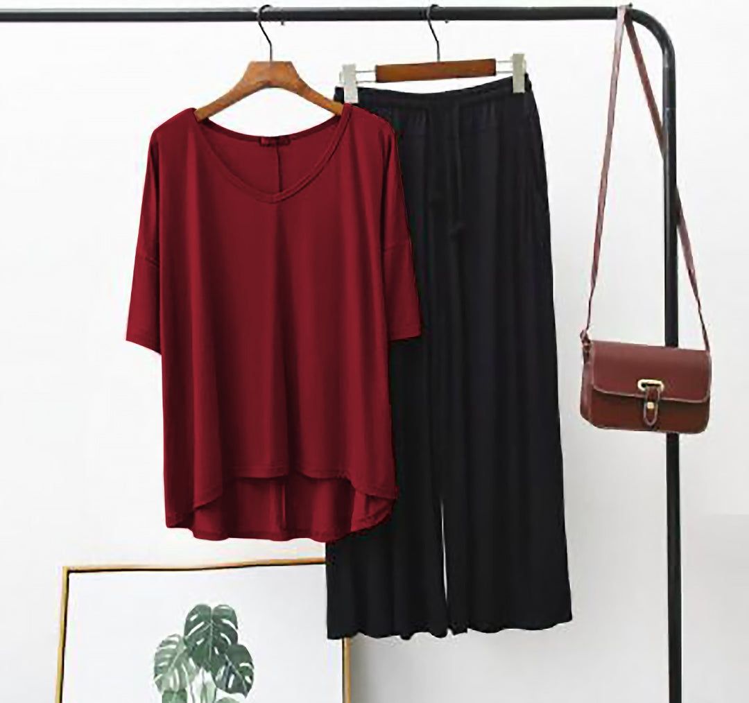 Plain Red V Neck T Shirt with Black Plazzo