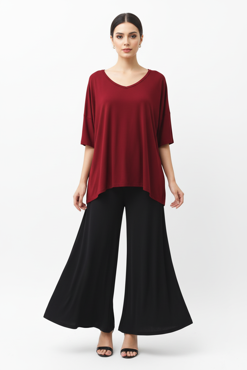 Plain Red V Neck T Shirt with Black Plazzo