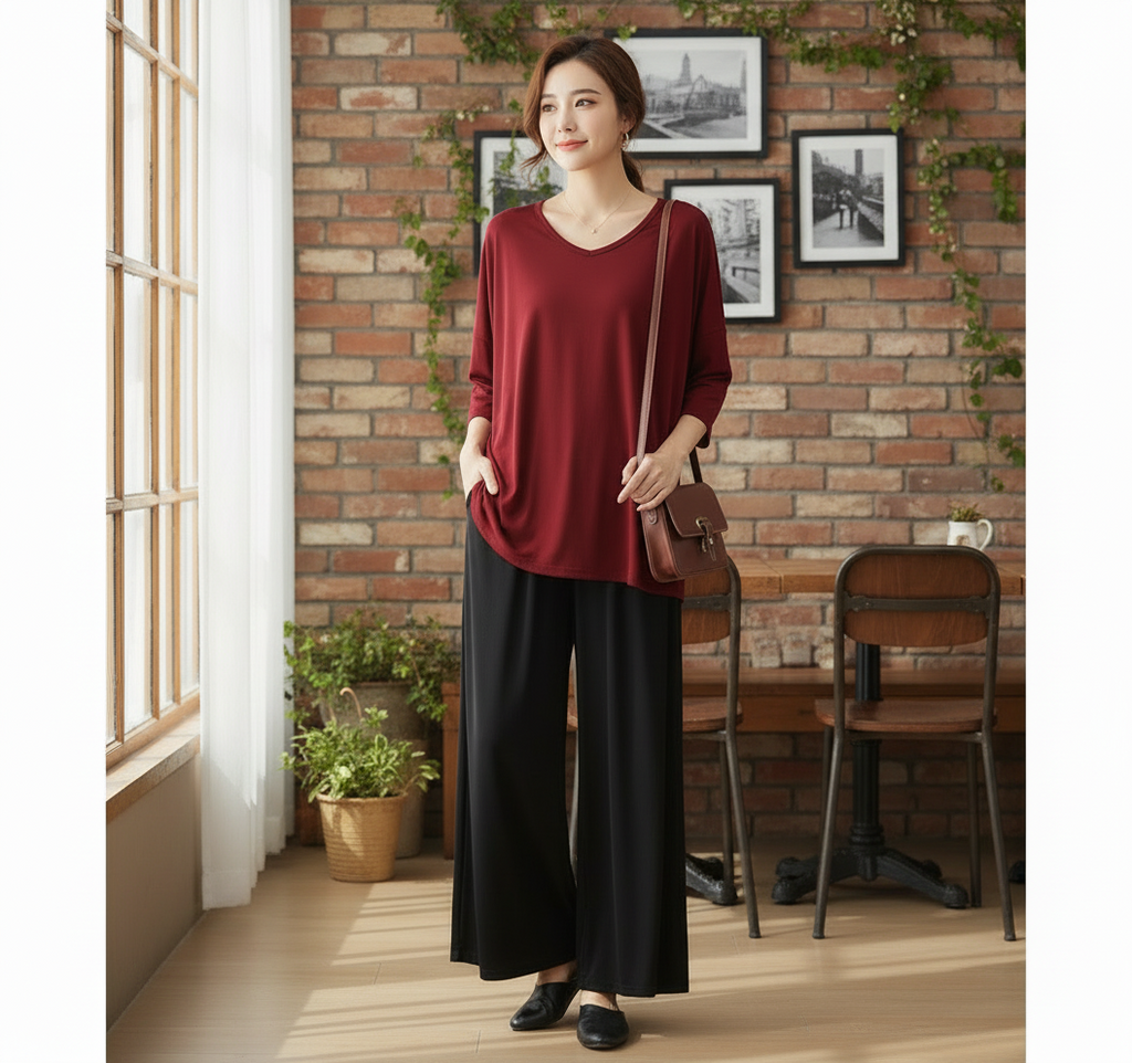 Plain Maroon V-Neck T-Shirt with Black Plazzo