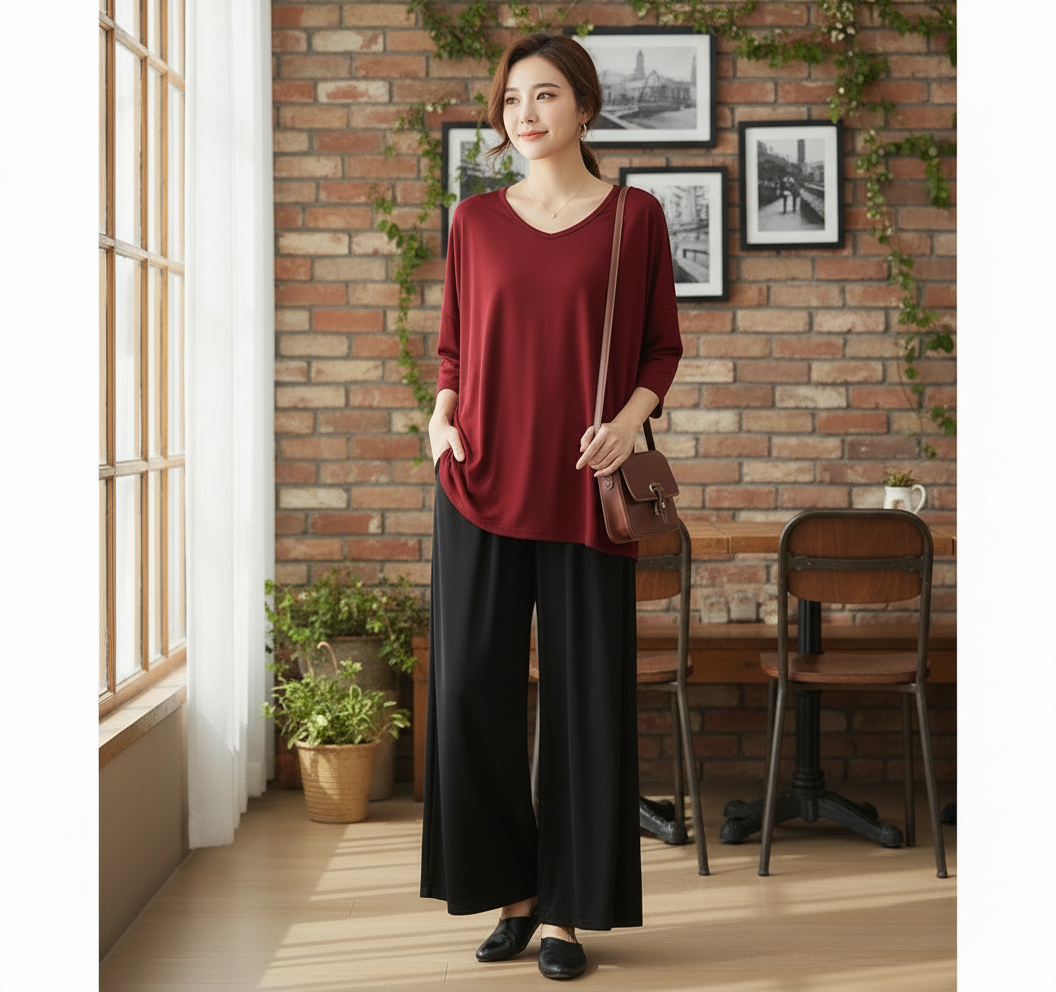Plain Maroon V-Neck T-Shirt with Black Plazzo