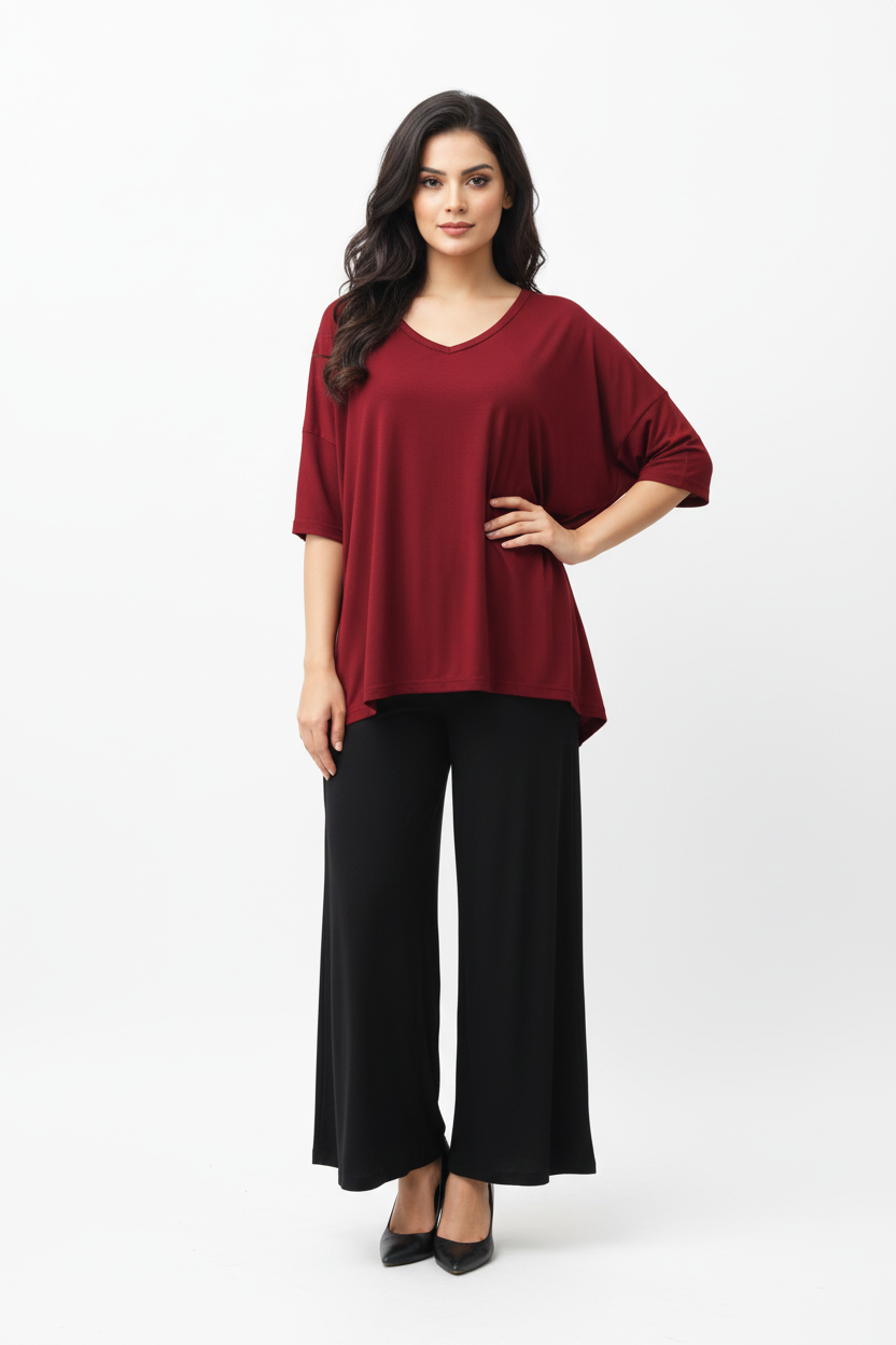 Plain Red V Neck T Shirt with Black Plazzo