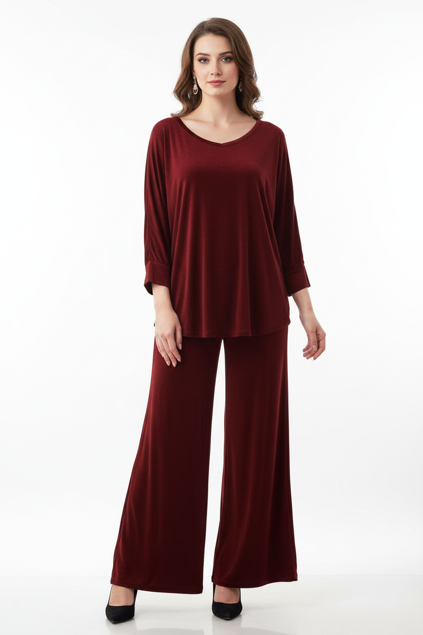 Maroon V-Neck Women Night Suit PJ Set