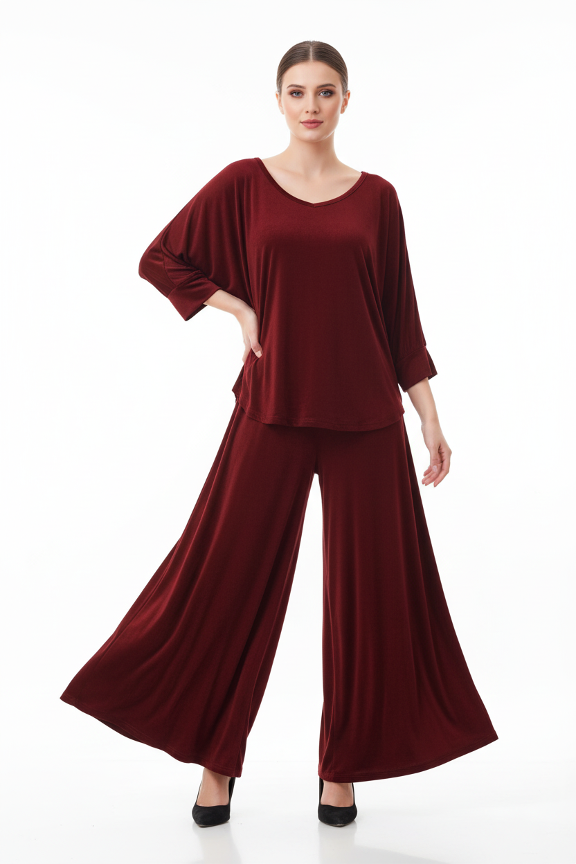 Maroon V-Neck Women Night Suit PJ Set