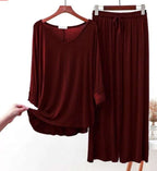 Maroon V-Neck Women Night Suit PJ Set