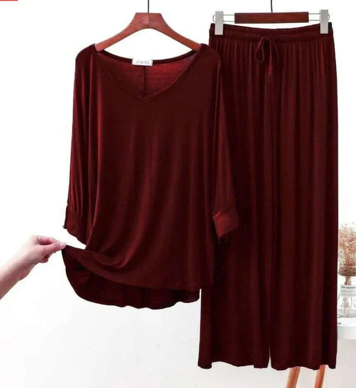 Maroon V-Neck Women's PJ Set