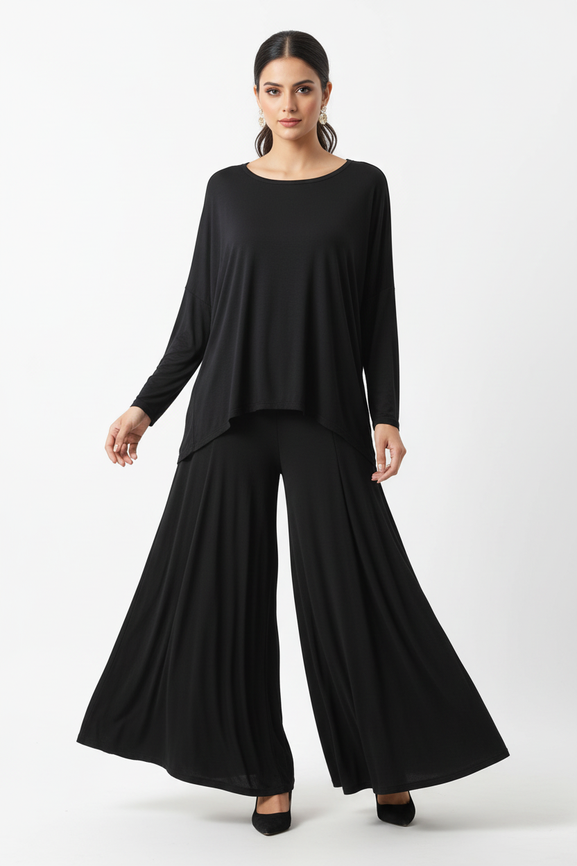 Deep Black Round Neck Plazzo PJ Set