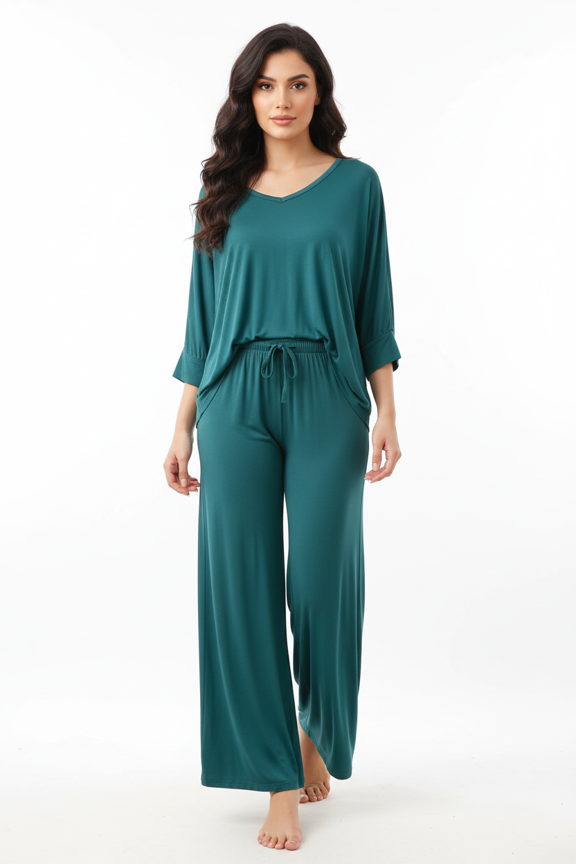 Persian Blue V-Neck Women Night Suit PJ Set
