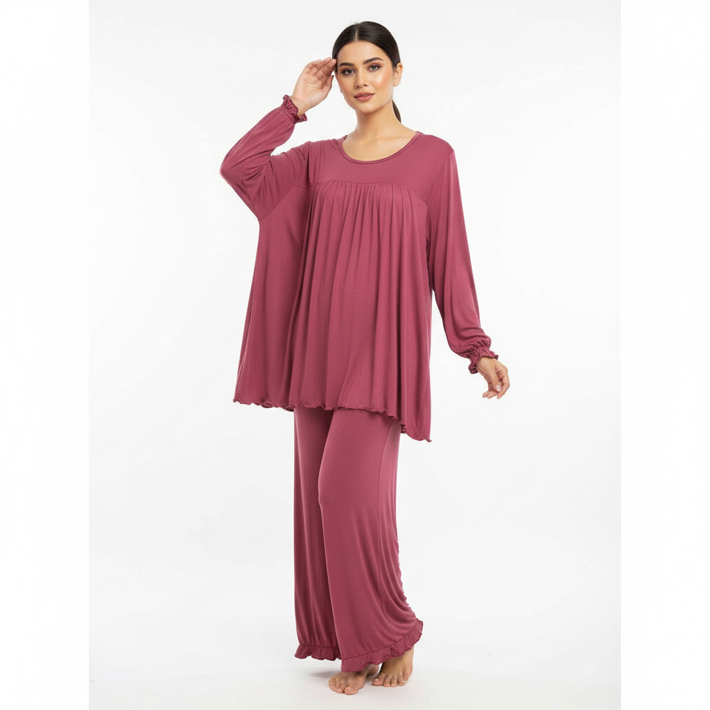 Maroon Round Neck Frill and Plazoo For Women